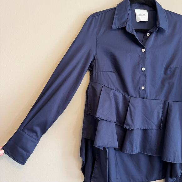 CO TE Asymmetric Button Up Shirt Womens 42 US M/L Blue Ruffle Office Work Italy - Picture 6 of 10